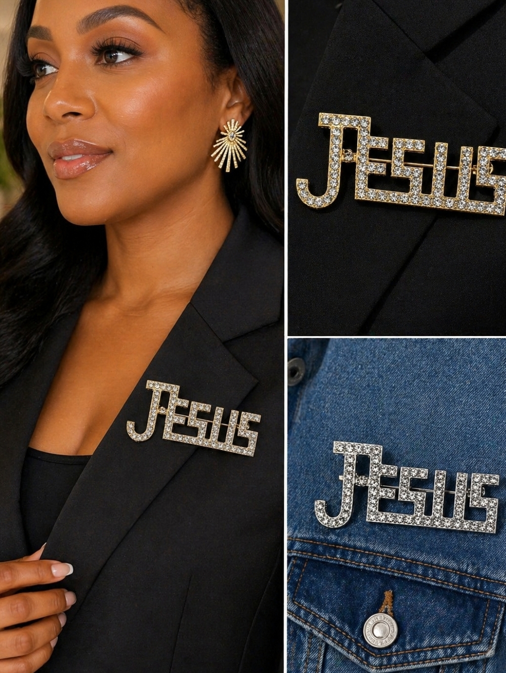 “JESUS” Rhinestone Brooch | Gold or Silver | Faith Statement Pin